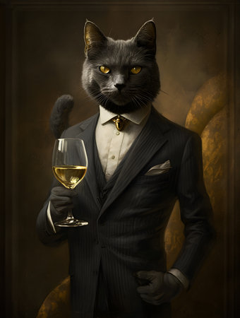 Portrait of a black cat in a suit with a glass of white wineの素材