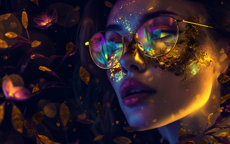 Fashion portrait of a beautiful woman in glasses on a black background.の素材