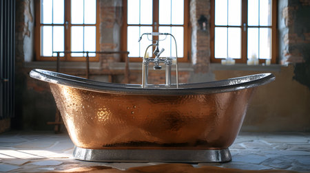 Bathroom interior with copper bathtub and window in the backgroundの素材
