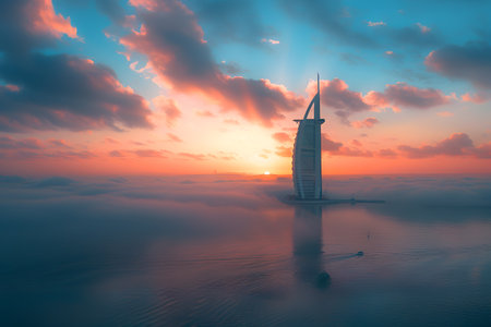 Burj Al Arab at sunset in Dubai, United Arab Emirates. Burj Al Arab is the world's tallest building.の素材