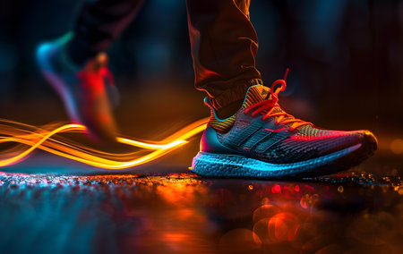 Running shoes on a dark background with a light trail. Close-upの素材