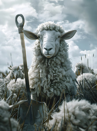 Sheep in the field with a shovel and a bucket of waterの素材