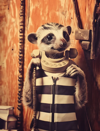 Vintage portrait of a cute raccoon in a cell phone.の素材