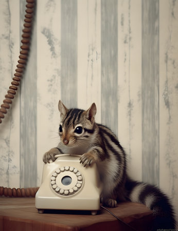 Cute little squirrel with vintage telephone in room. Retro style.の素材