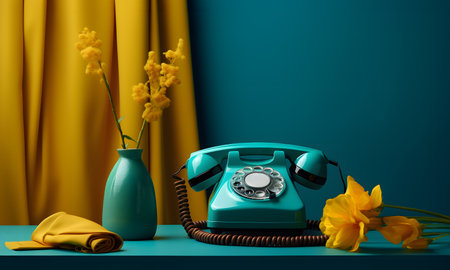 Retro telephone and yellow daffodils on blue background. 3d renderingの素材
