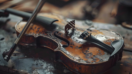 Old violin on a wooden table. Close-up, selective focus.の素材