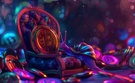 Golden coin with the inscription bitcoin and snails. 3d illustrationの素材