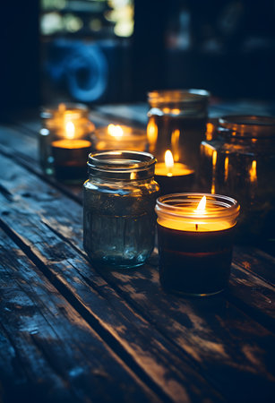 Burning candles in glass jars on a wooden table in a dark roomの素材