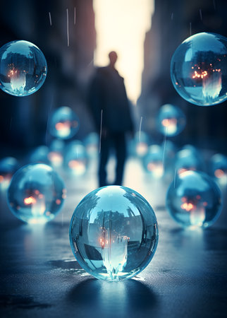 Man walking in the street with glass balls. 3D rendering.の素材