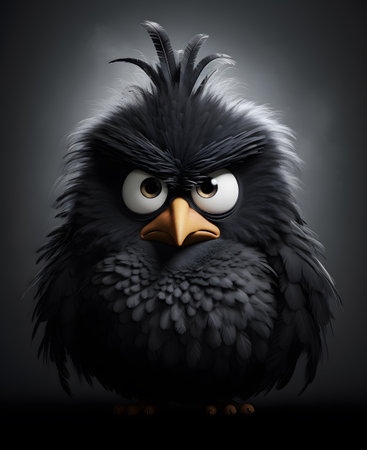 Cute black crow with big eyes on dark background. 3D renderingの素材