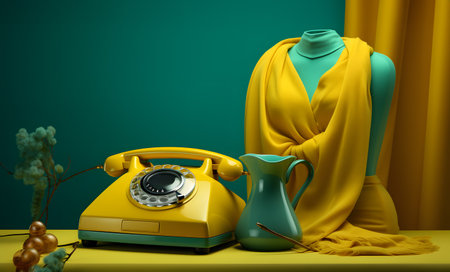 3d rendering of yellow vintage telephone with mannequin on green backgroundの素材