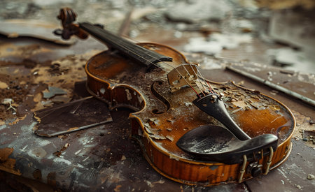 Old violin lying on the ground, close-up, selective focusの素材
