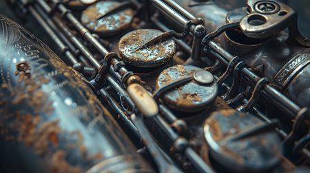 detail of a saxophone in an old garage, note shallow depth of fieldの素材