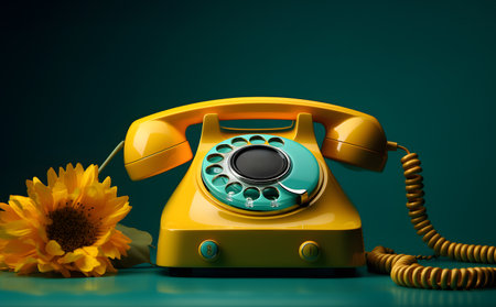 Retro telephone and sunflower on green background. 3d renderingの素材