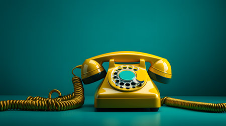 Retro yellow telephone on a green background. 3d rendering.の素材