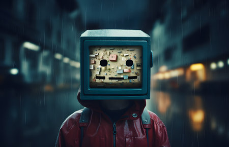 Digital composite of Man with old TV head in rain. Mixed mediaの素材