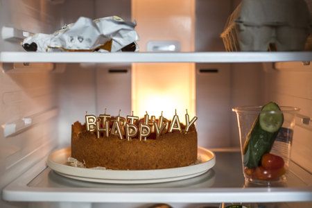 cheesecake birthday cake with raspberries in fridge with candles. High quality photoの写真素材