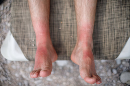 guy with sunscreen near his feet with a sunburn in orange shorts lying on a sun loungerの写真素材