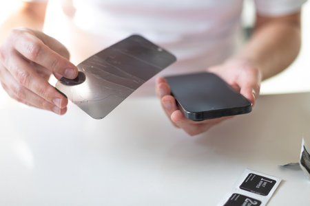 The process of replacing a protective glass on a smartphone. High quality photoの写真素材