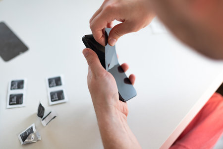 The process of replacing a protective glass on a smartphone. High quality photoの写真素材