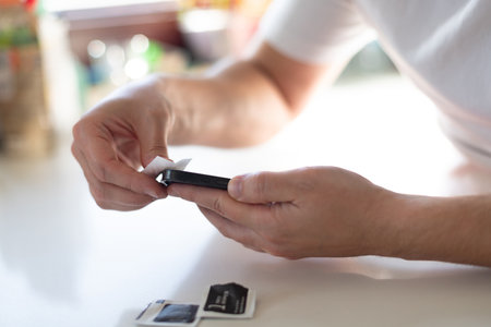The process of replacing a protective glass on a smartphone. High quality photoの写真素材