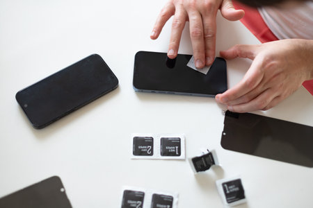 The process of replacing a protective glass on a smartphone. High quality photo