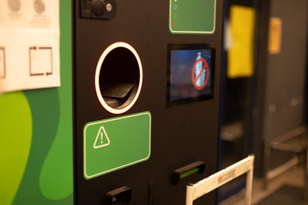 Man hand puts plastic bottle to the machine. Shoppers return their bottles and cans. High quality photoの写真素材