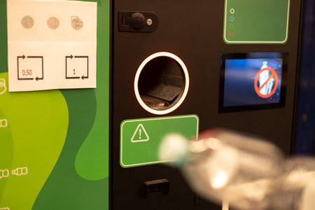Man hand puts plastic bottle to the machine. Shoppers return their bottles and cans.の写真素材