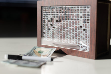 WOODEN MONEY BANK WITH GOAL COUNTER SAVING MONEY 5,000. High quality photoの写真素材