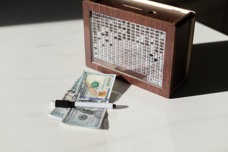WOODEN MONEY BANK WITH GOAL COUNTER SAVING MONEY 5,000. High quality photoの写真素材