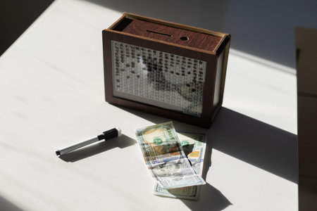 WOODEN MONEY BANK WITH GOAL COUNTER SAVING MONEY 5,000. High quality photoの写真素材