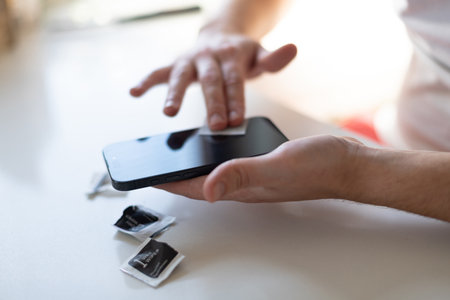 The process of replacing a protective glass on a smartphone. High quality photo