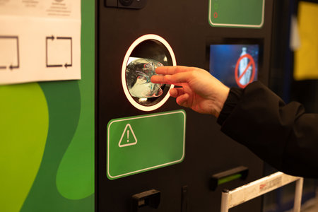 Man hand puts plastic bottle to the Recycling machine. Shoppers return their bottles and cans.の写真素材