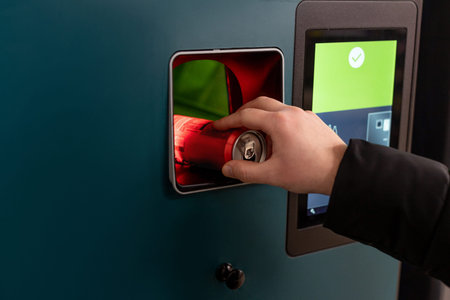 Man hand puts plastic bottle to the Recycling machine. Shoppers return their bottles and cans.