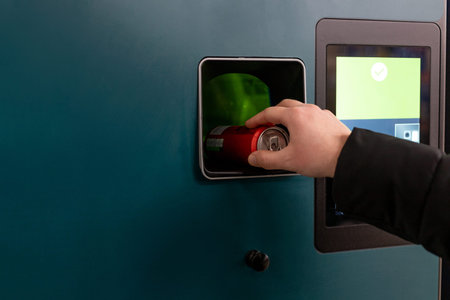 Man hand puts plastic bottle to the Recycling machine. Shoppers return their bottles and cans.