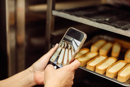 This picture is for todays online baking tips. Cropped shot of a female baker taking a picture on her cellphone of a selection of freshly baked bread.