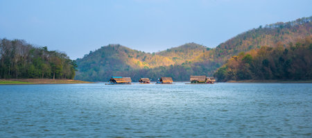 Huay Krating at Loei, Bamboo raft floating in the river in Loei province, Beautiful lake scenic view...