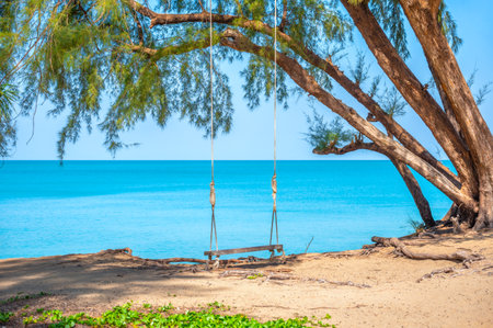 Swing on the beach at Mai Khao Beach, Phuket Thailand.の写真素材