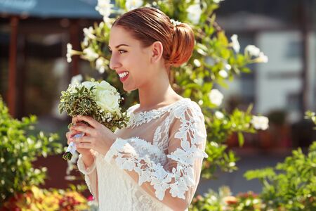 Close-up portrait of the beautiful new bride on her wedding dayの写真素材