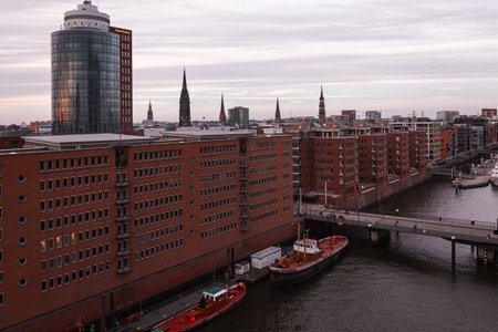 Hamburg - June 16, 2022: Hamburg harbor at duskのeditorial素材