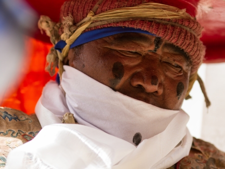 Korzok, INDIA - JUL 23  A monk performs a religious mask dance during the Cham Dance Festival on Jul 17, 2012 in Korzok, India のeditorial素材