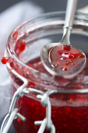 Jar of raspberry jam,shallow focusの写真素材