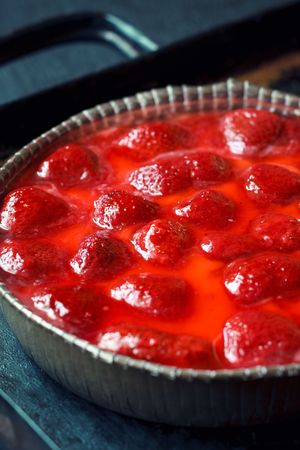 Fresh strawberry pie on the baking tray,shallow focusの写真素材