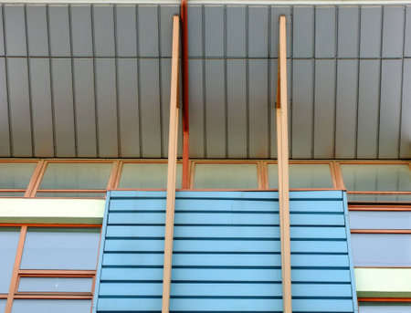 Abstract Architecture Detail of new steel Building with Windows and Tin Plated Roof in Vilnius City,...