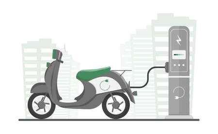Ecological transport powered by energy sources. The electric motorcycle is charged from a power source. Against the backdrop of a green city. Vector illustration isolated on white background.のイラスト素材