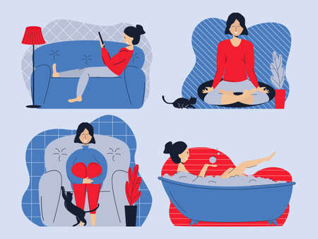 Stay at home concept. The girl on the couch looks at the phone, does yoga, takes a bath, relaxes on an armchair.のイラスト素材