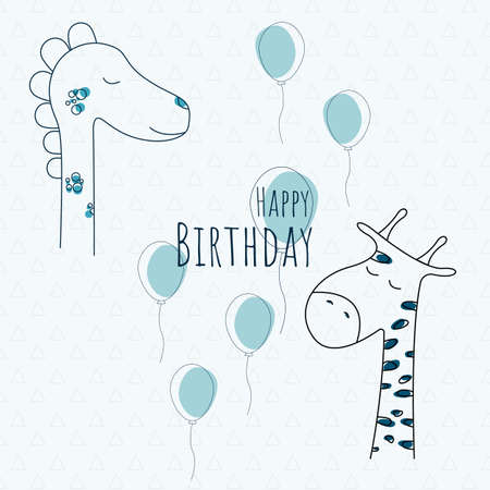 Happy birthday childrens card in blue. Vector illustration with dinosaur, giraffe and balls, greeting card for web and printのイラスト素材