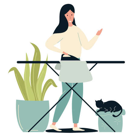 A woman is ironing things, a cat is sleeping next to her. Vector illustration isolated on white background in flat style.のイラスト素材