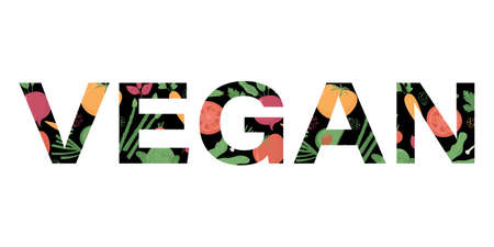 Vegan text, logo. Design with vegetables. For posters, events, brochures, flyers, websites. Vector illustrationのイラスト素材