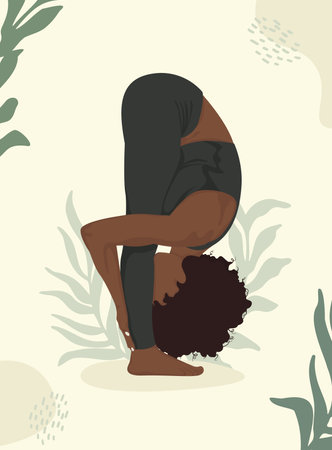 Curly African American woman doing yoga, yoga pose. Faceless style.のイラスト素材